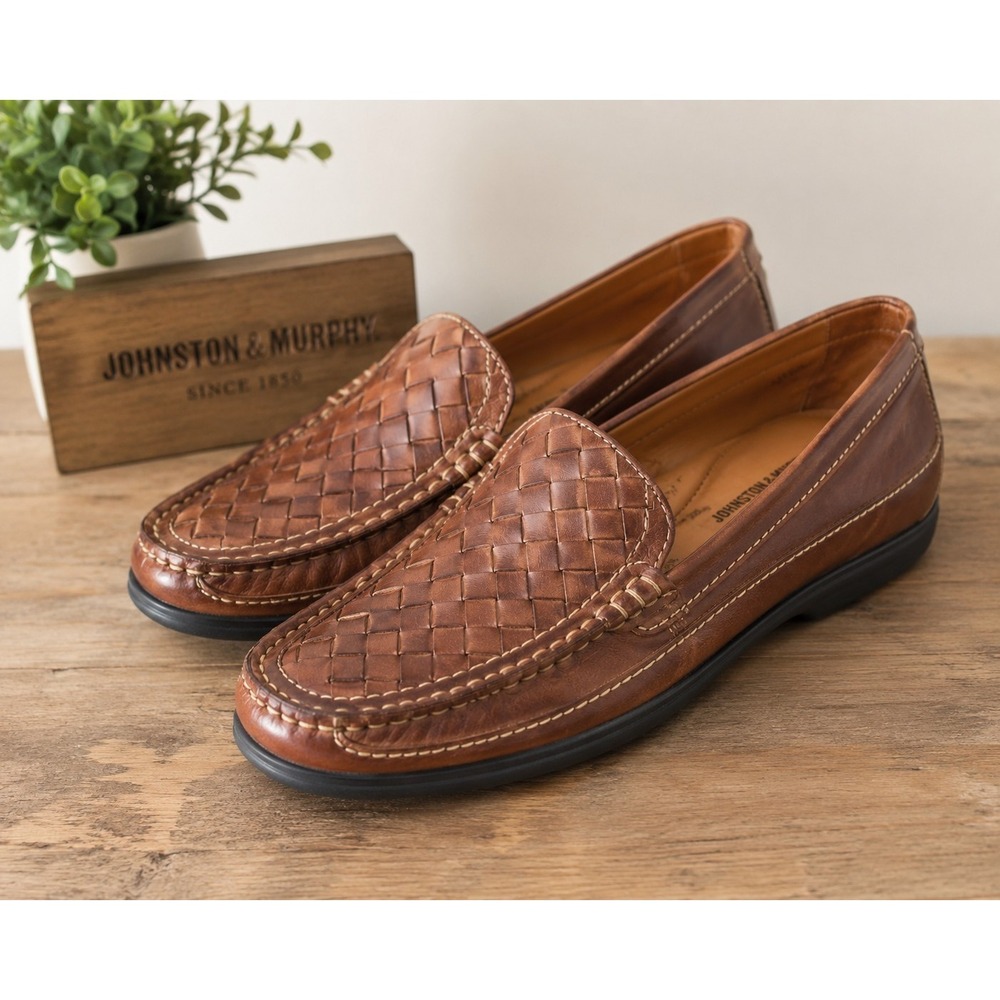 Johnston & Murphy Woven Leather Loafers Men's 8.5 M Brown Sheepskin Slip On